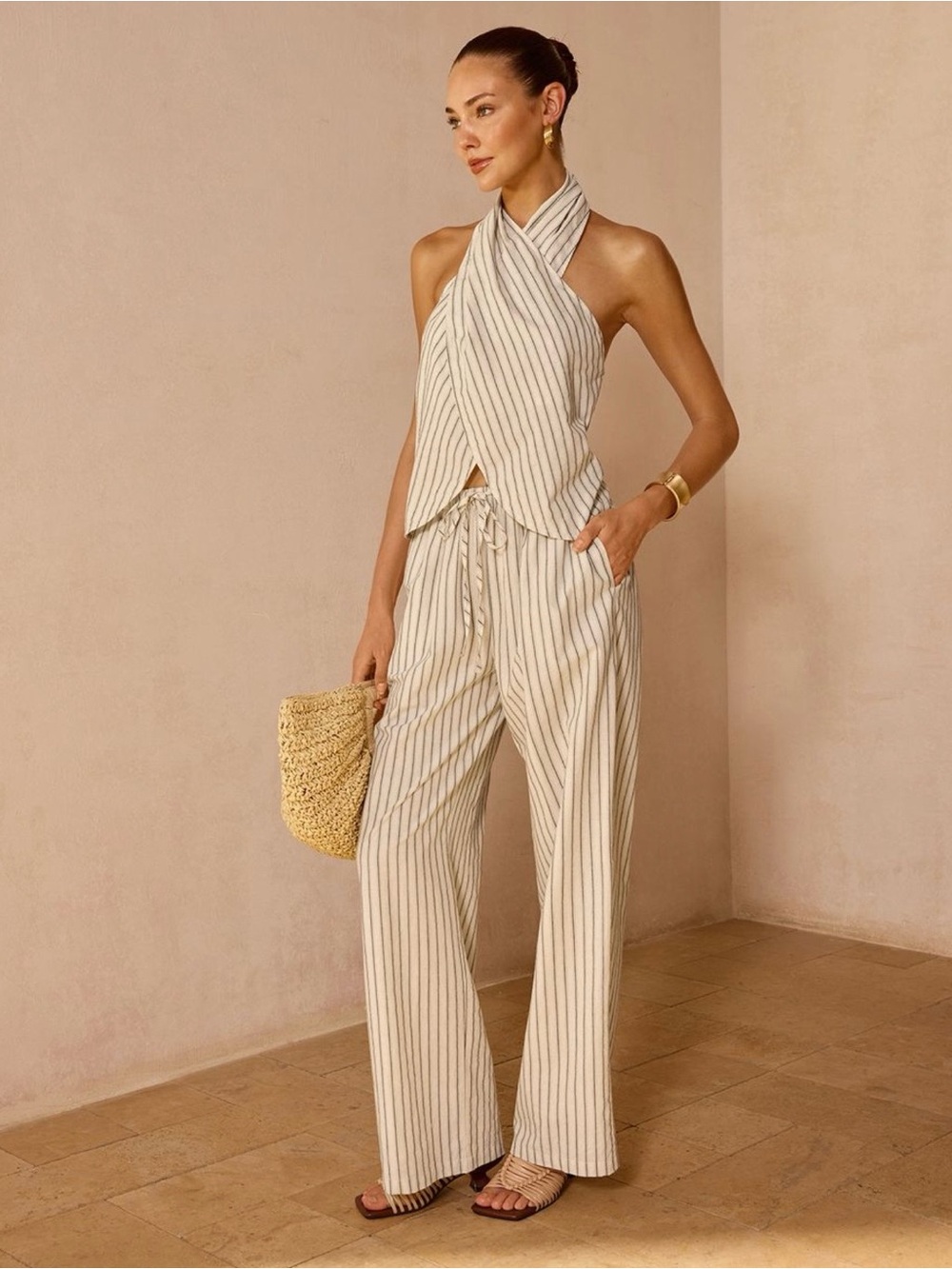 Commense Striped Cotton Linen Halter Top & Pants Set - Picture 3 of 5
